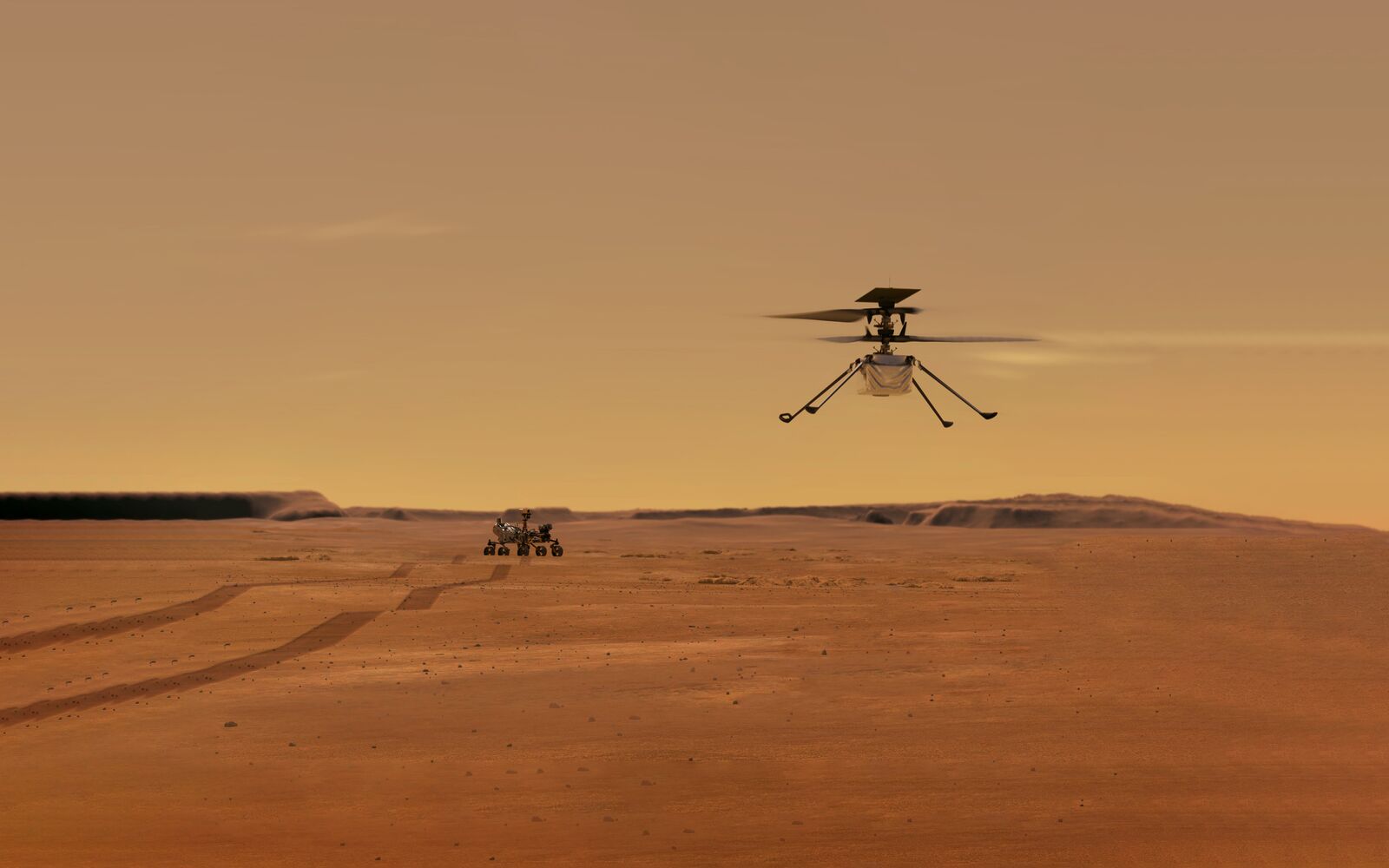 Ingenuity Mars Helicopter in Flight. Elements of image furnished by NASA.; Shutterstock ID 1942850281; purchase_order: Main Visual; job: ; client: ; other: